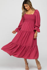 Magenta Square Ruffle Neck Smocked Midi Dress