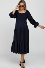 Navy Blue Square Ruffle Neck Smocked Maternity Midi Dress