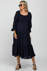 Navy Blue Square Ruffle Neck Smocked Maternity Midi Dress