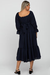 Navy Blue Square Ruffle Neck Smocked Maternity Midi Dress