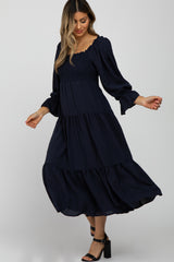 Navy Blue Square Ruffle Neck Smocked Midi Dress