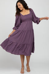 Purple Square Ruffle Neck Smocked Maternity Midi Dress