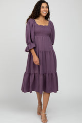 Purple Square Ruffle Neck Smocked Midi Dress