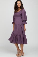 Purple Square Ruffle Neck Smocked Midi Dress