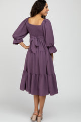 Purple Square Ruffle Neck Smocked Midi Dress