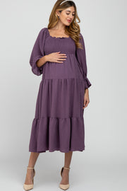 Purple Square Ruffle Neck Smocked Maternity Midi Dress