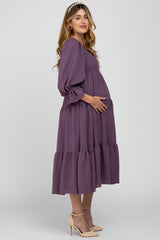 Purple Square Ruffle Neck Smocked Maternity Midi Dress