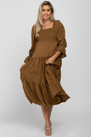 Brown Square Ruffle Neck Smocked Maternity Midi Dress