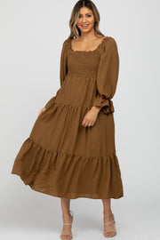 Brown Square Ruffle Neck Smocked Midi Dress