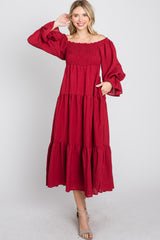 Red Square Ruffle Neck Smocked Midi Dress