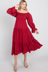 Red Square Ruffle Neck Smocked Midi Dress