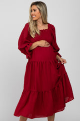 Red Square Ruffle Neck Smocked Maternity Midi Dress