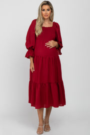 Red Square Ruffle Neck Smocked Maternity Midi Dress