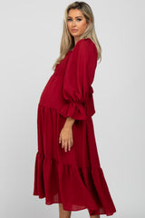 Red Square Ruffle Neck Smocked Maternity Midi Dress