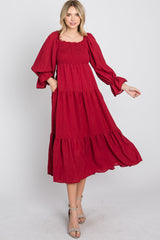 Red Square Ruffle Neck Smocked Midi Dress