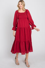 Red Square Ruffle Neck Smocked Maternity Midi Dress