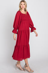 Red Square Ruffle Neck Smocked Midi Dress