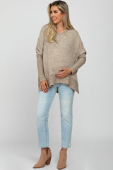 Taupe V-Neck Brushed Maternity Knit Top