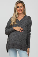 Charcoal V-Neck Brushed Maternity Knit Top