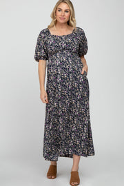 Navy Blue Floral Square Neck Puff Sleeve Maternity Maxi Dress