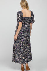 Navy Blue Floral Square Neck Puff Sleeve Maternity Maxi Dress