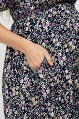 Navy Blue Floral Square Neck Puff Sleeve Maternity Maxi Dress