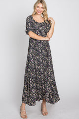 Navy Blue Floral Square Neck Puff Sleeve Maternity Maxi Dress