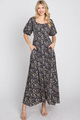 Navy Blue Floral Square Neck Puff Sleeve Maxi Dress