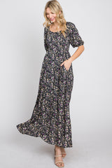 Navy Blue Floral Square Neck Puff Sleeve Maxi Dress