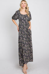 Navy Blue Floral Square Neck Puff Sleeve Maxi Dress