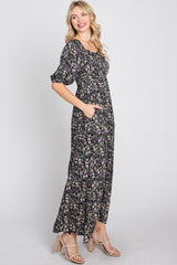 Navy Blue Floral Square Neck Puff Sleeve Maxi Dress