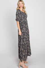 Navy Blue Floral Square Neck Puff Sleeve Maxi Dress