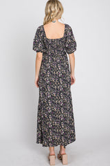 Navy Blue Floral Square Neck Puff Sleeve Maxi Dress