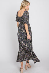 Navy Blue Floral Square Neck Puff Sleeve Maxi Dress