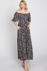 Navy Blue Floral Square Neck Puff Sleeve Maxi Dress