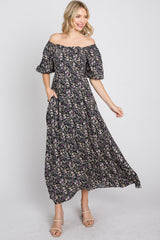 Navy Blue Floral Square Neck Puff Sleeve Maxi Dress