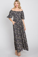 Navy Blue Floral Square Neck Puff Sleeve Maxi Dress