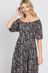 Navy Blue Floral Square Neck Puff Sleeve Maxi Dress