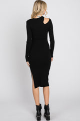 Black Ribbed Cutout Fitted Dress