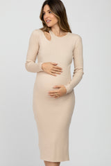 Beige Ribbed Cutout Maternity Fitted Dress