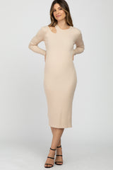 Beige Ribbed Cutout Maternity Fitted Dress