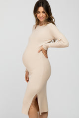 Beige Ribbed Cutout Maternity Fitted Dress