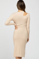 Beige Ribbed Cutout Maternity Fitted Dress