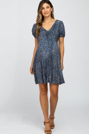 Blue Animal Print Cinched Maternity Dress