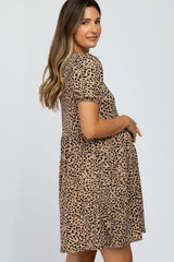 Taupe Animal Print Puff Sleeve Maternity Dress