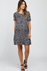 Black Animal Print Puff Sleeve Maternity Dress