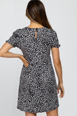 Black Animal Print Puff Sleeve Maternity Dress