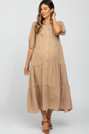 Taupe Tiered Puff Sleeve Maternity Maxi Dress