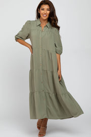 Light Olive Tiered Puff Sleeve Maxi Dress