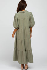 Light Olive Tiered Puff Sleeve Maxi Dress